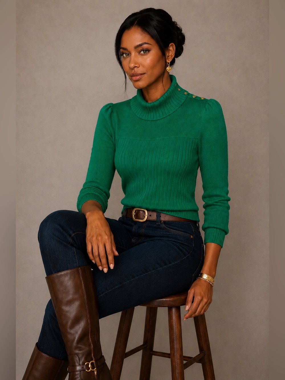 Vintage St John Ribbed Turtleneck Sweater Kelly Green Gold Button Size Small